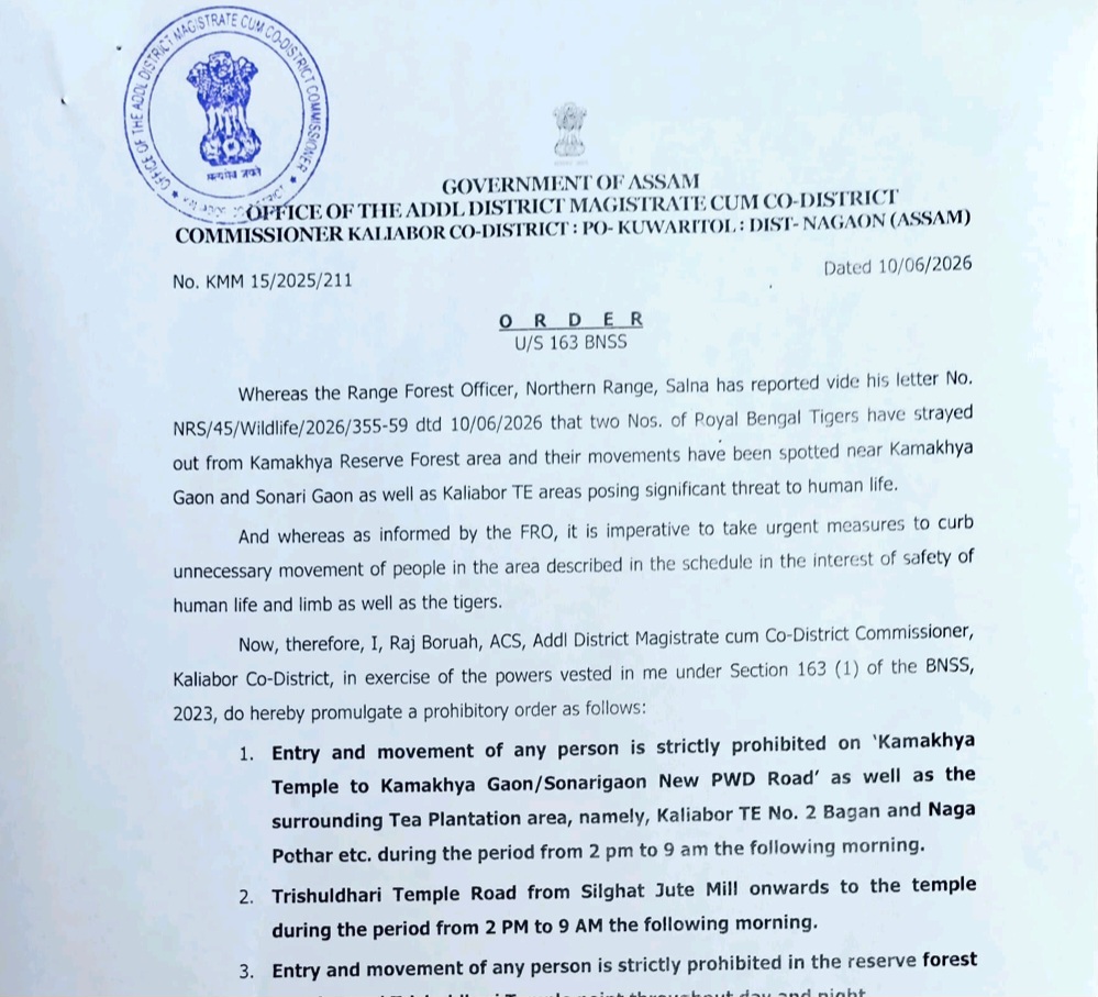 কলিয়াবৰ কামাখ্যা গাঁৱত বাঘৰ প্ৰৱেশক লৈ প্ৰশাসনৰ নিষেধাজ্ঞা